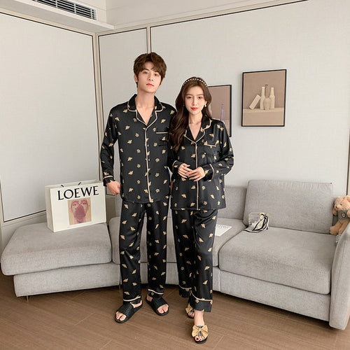 Load image into Gallery viewer, High Quality Women&#39;s Pajamas Set Fashion Bee Print Couple Sleepwear Silk Like Casual Homewear V Neck Men&#39;s Nightwear
