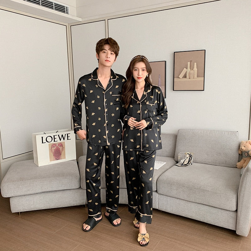 High Quality Women's Pajamas Set Fashion Bee Print Couple Sleepwear Silk Like Casual Homewear V Neck Men's Nightwear