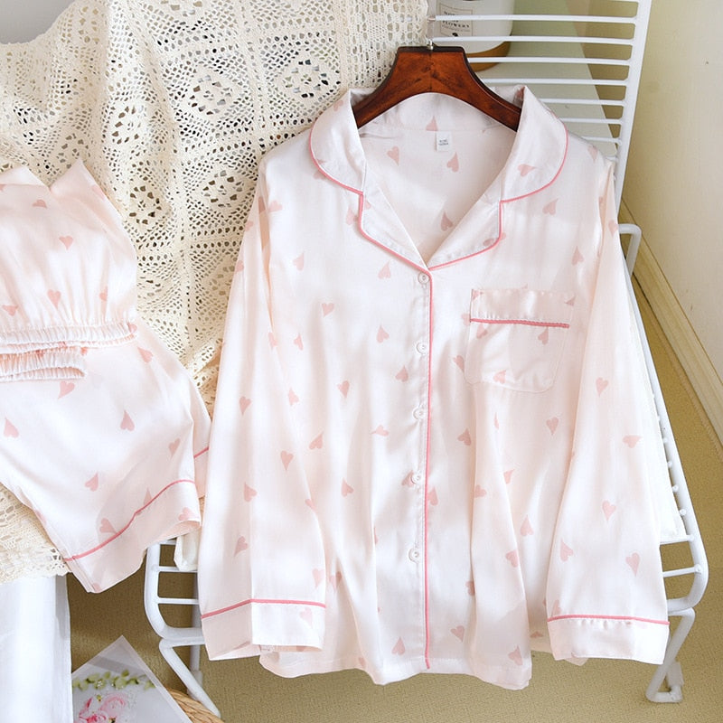 High Quality Women's Pajamas Set Heart Print Sleepwear Silk Like Casual Homewear V Neck Nightwear Femme пижама женская