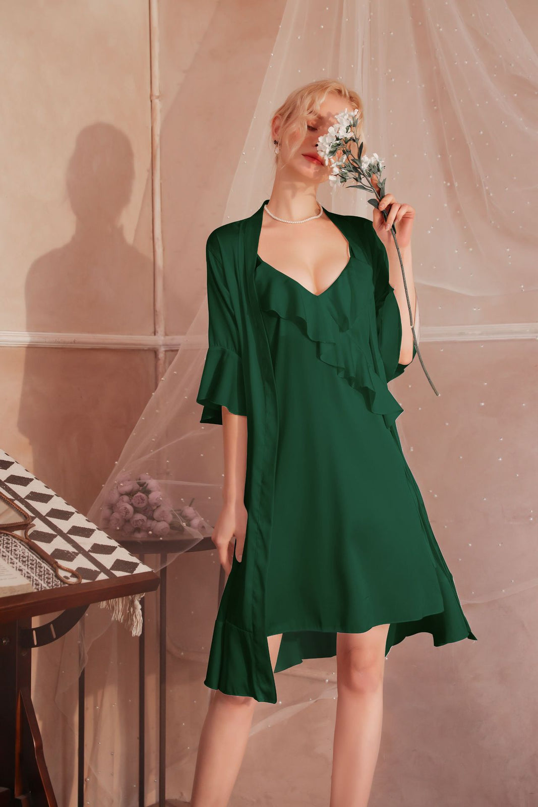 High Quality Women's Pajamas Robe Set Sexy Ruffle edge Bathrobe Deep V Sling Dress Sleepwear Homewear Nightgown Femme