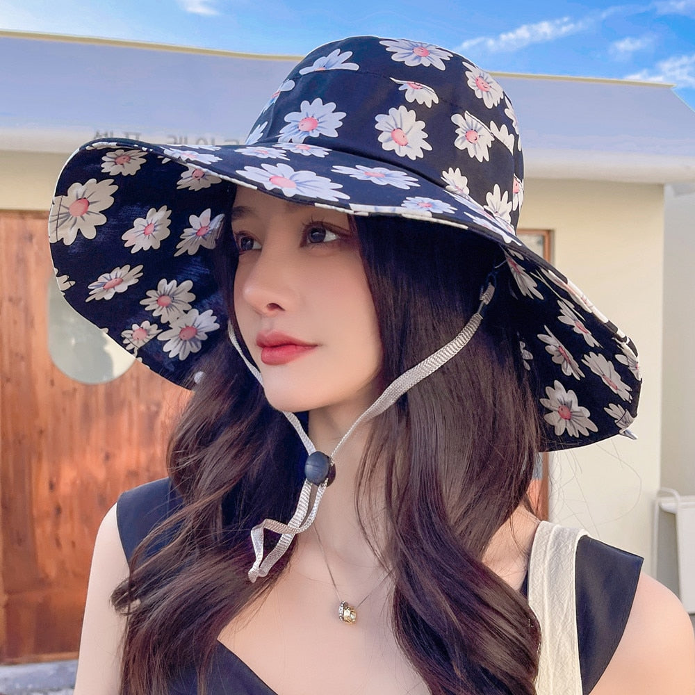 Summer Hats For Women Fashion Wide Brim Daisy Flower Print Design Sun Hat Sun Protection Travel Beach Bucket Hat