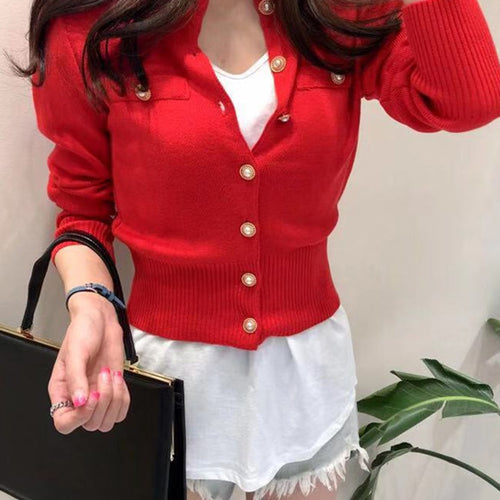 Load image into Gallery viewer, Women Cardigan Sweater Fashion Spring Knitted Long Sleeve Short Coat Chic Korean Slim Button Ladies Soft Tops
