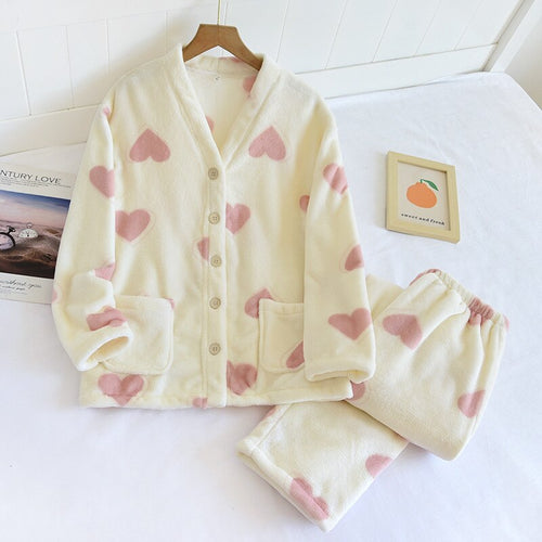 Load image into Gallery viewer, Women&#39;s Pajamas Set Warm Flannel Cute Heart Print Sleepwear Casual Homewear V Neck Nightwear Femme New for Winter
