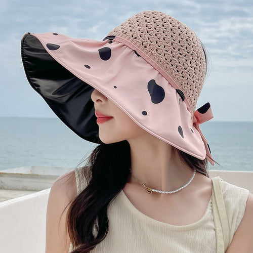 Load image into Gallery viewer, Summer Hats For Women Fashion Polka Dot Pattern Design Straw Hat  Empty Top Sun Hat Travel Beach Hat
