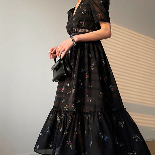 Load image into Gallery viewer, Elegant Printing Dresses For Women V Neck Puff Sleeve High Waist Patchwork Folds Temperament Dress Female Fashion
