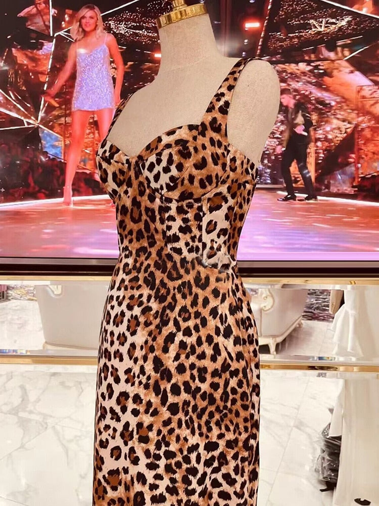 Backless Leopard Dresses For Women Square Collar Sleeveless High Waist Sexy Split Dress Female Fashion Clothing