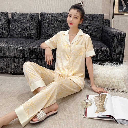 Load image into Gallery viewer, Women&#39;s Pajamas Silk Like Summer Short Sleeve Pants Cardigan Thin Cool Set Comfortable Oversized Printed Homewear
