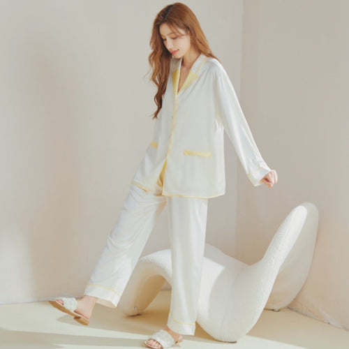 Load image into Gallery viewer, Spring Women&#39;s Imitation Silk Long-sleeved Cardigan Lapel Suit Casual Pajamas Home Clothes Solid Color Two-piece Sets
