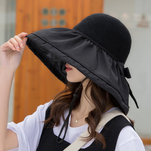 Load image into Gallery viewer, Women&#39;s Summer Shade Cap Fashion Big Brim Hollow Out Ceiling Design Sun Hat Female Travel Bow Bucket Hat
