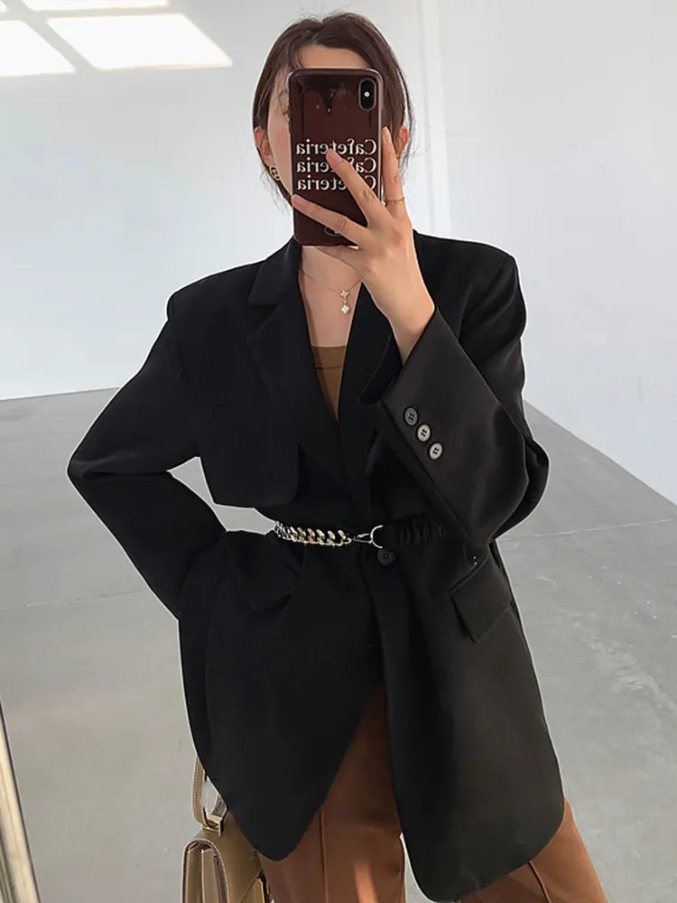 Elegant Black Blazer For Women Notched Collar Long Sleeve Patchwork Chain Solid Blazers Female Autumn Clothing