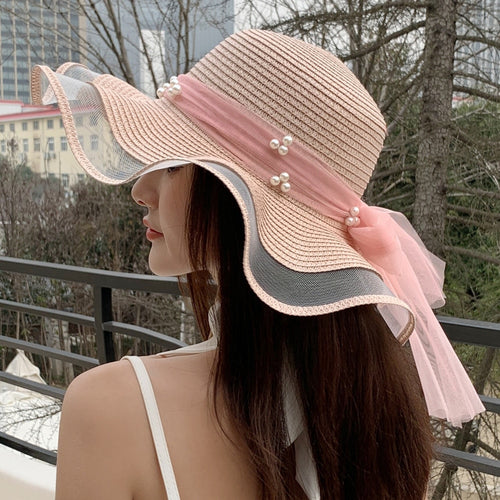 Load image into Gallery viewer, Women&#39;s Summer Hat Fashion Wave Mesh Pearl Design Straw Sun Hat Female Travel  Beach Bucket Hat
