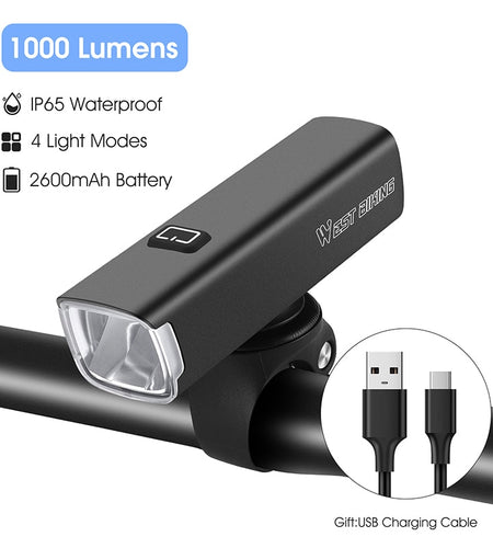 Rechargeable Bike Light 1000 Lumens Type C USB Bicycle Headlight Smart Vibration Induction MTB Road Bike Front Light