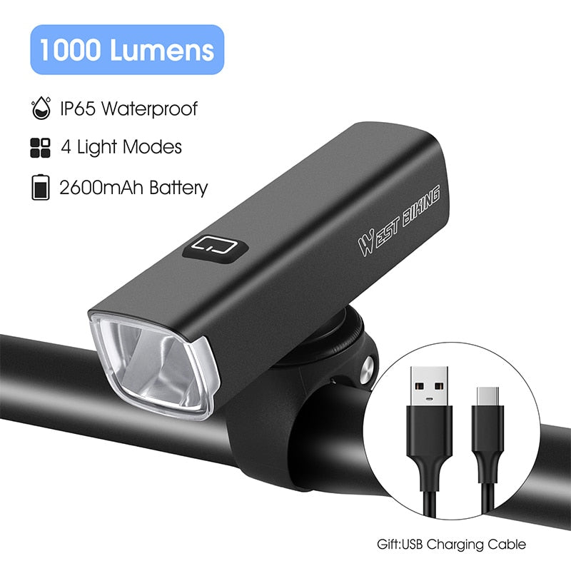 Rechargeable Bike Light 1000 Lumens Type C USB Bicycle Headlight Smart Vibration Induction MTB Road Bike Front Light