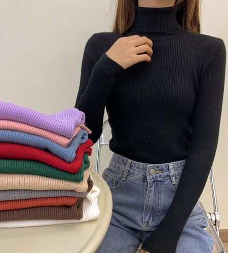 Soft Women Pullover Sweater Elastic Long Sleeve Knitted Jumper Fall Turtleneck Black Black