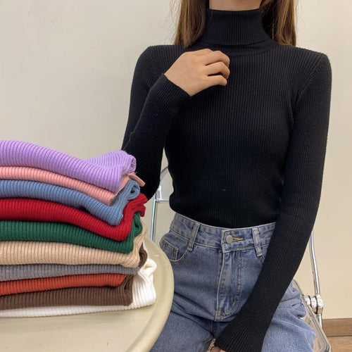 Load image into Gallery viewer, Soft Women Pullover Sweater Elastic Long Sleeve Knitted Jumper Fall Turtleneck Black Black
