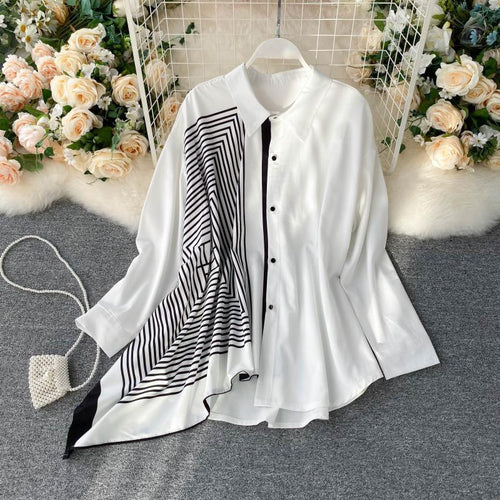 Load image into Gallery viewer, Oversize Women Shirts Fashion Patchwork Irregular White Loose Ladies Button Up Shirt Casual Long Sleeve Fall Female Top
