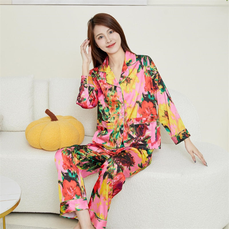 Women's Spring Autumn Silk Like Pajamas Polo Collar Long Sleeve Pants Two Piece Set Colorful Printed Fashion Home Suit