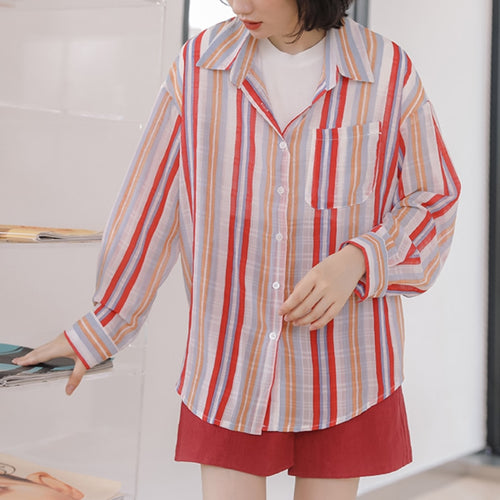 Load image into Gallery viewer, Chiffon Women Thin Shirts Korean Fashion Striped Long Sleeve Casual Pocket Button Up Shirt Designed Loose Female Spring Top
