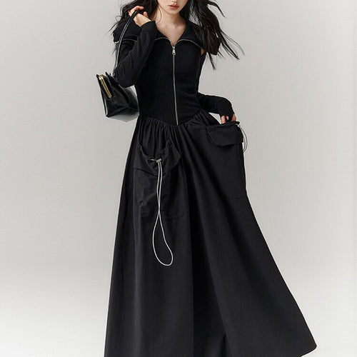 Load image into Gallery viewer, Hollow Out Patchwork Drawstring Dresses For Women Lapel Long Sleeve High Waist Folds Knitting Black Dress Female
