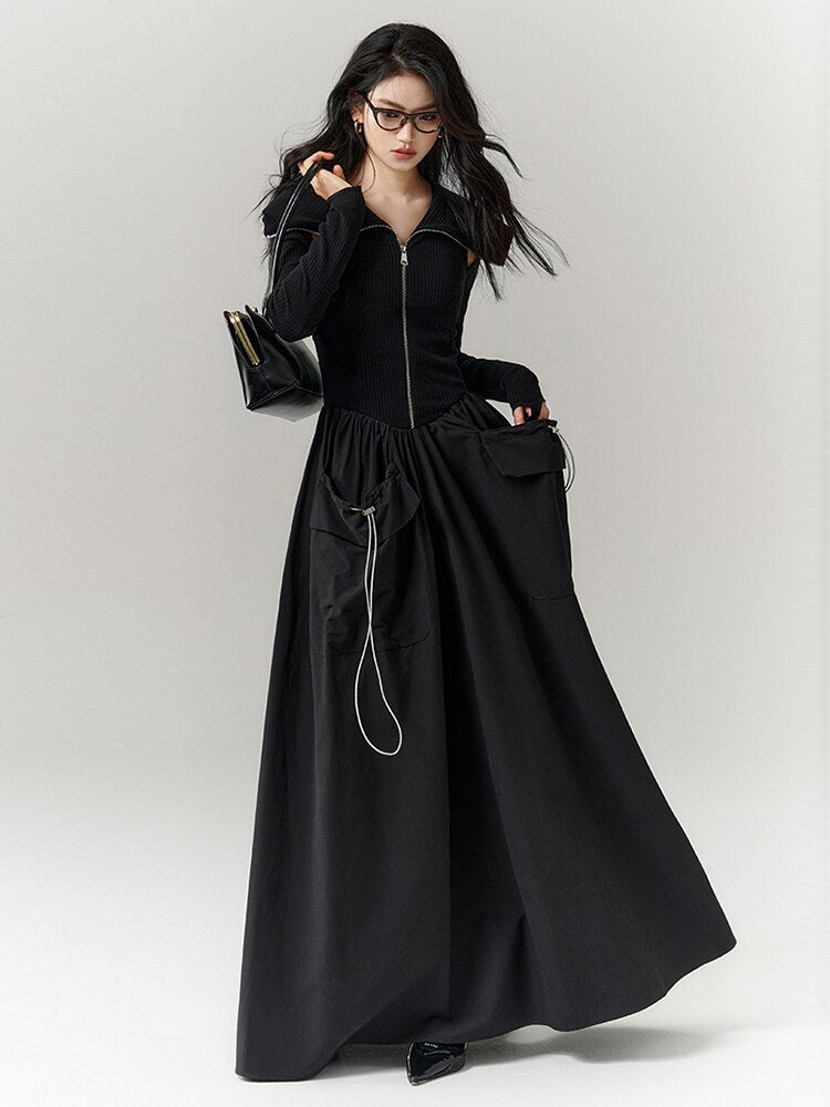 Hollow Out Patchwork Drawstring Dresses For Women Lapel Long Sleeve High Waist Folds Knitting Black Dress Female