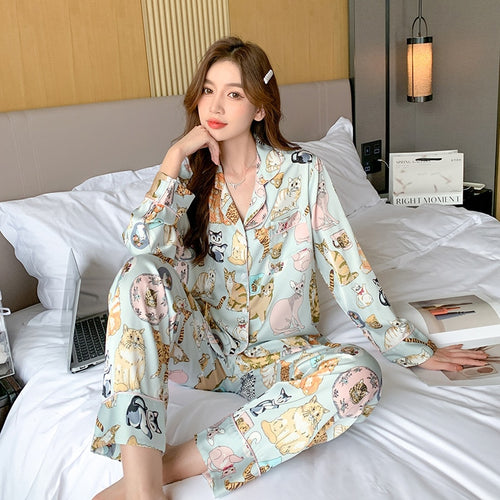 Load image into Gallery viewer, High Quality Women&#39;s Pajamas Set Luxury Pet Cats Pattern Sleepwear Silk Like Casual Homewear Cute Nightwear Femme Petite
