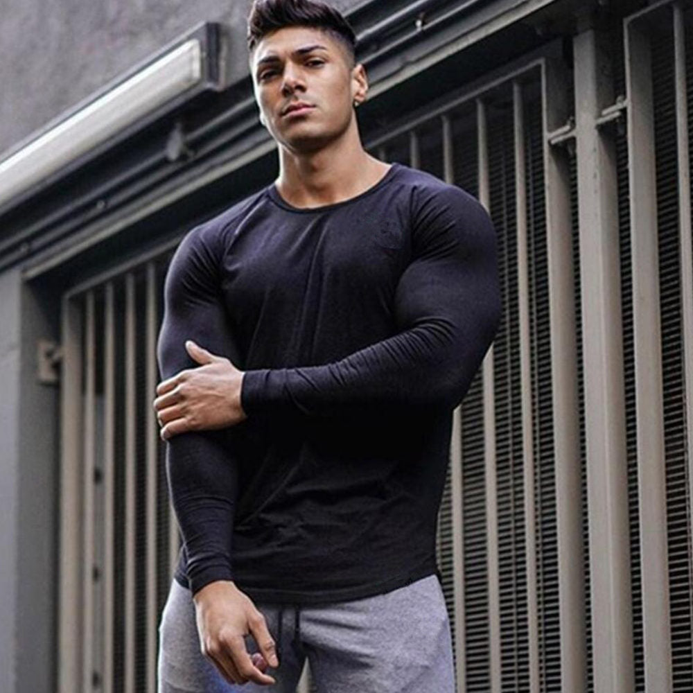 Solid Casual Long Sleeves Shirt Men Gym Fitness Cotton Slim T-shirt Male Autumn Workout Black O-Neck Tees Tops Fashion Apparel
