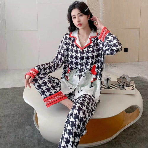 Load image into Gallery viewer, High Quality Women&#39;s Silk Like Pajamas Spring Summer Satin Long Sleeve Pants Set Plaid Print Cardigan Lapel Home Clothes
