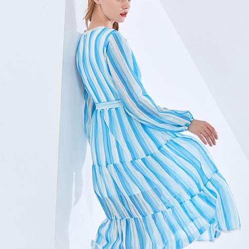 Load image into Gallery viewer, Hit Color Dresses For Women V Neck Long Sleeve High Waist Tunic Spliced Bowknot Summer Striped Dress Female Fashion
