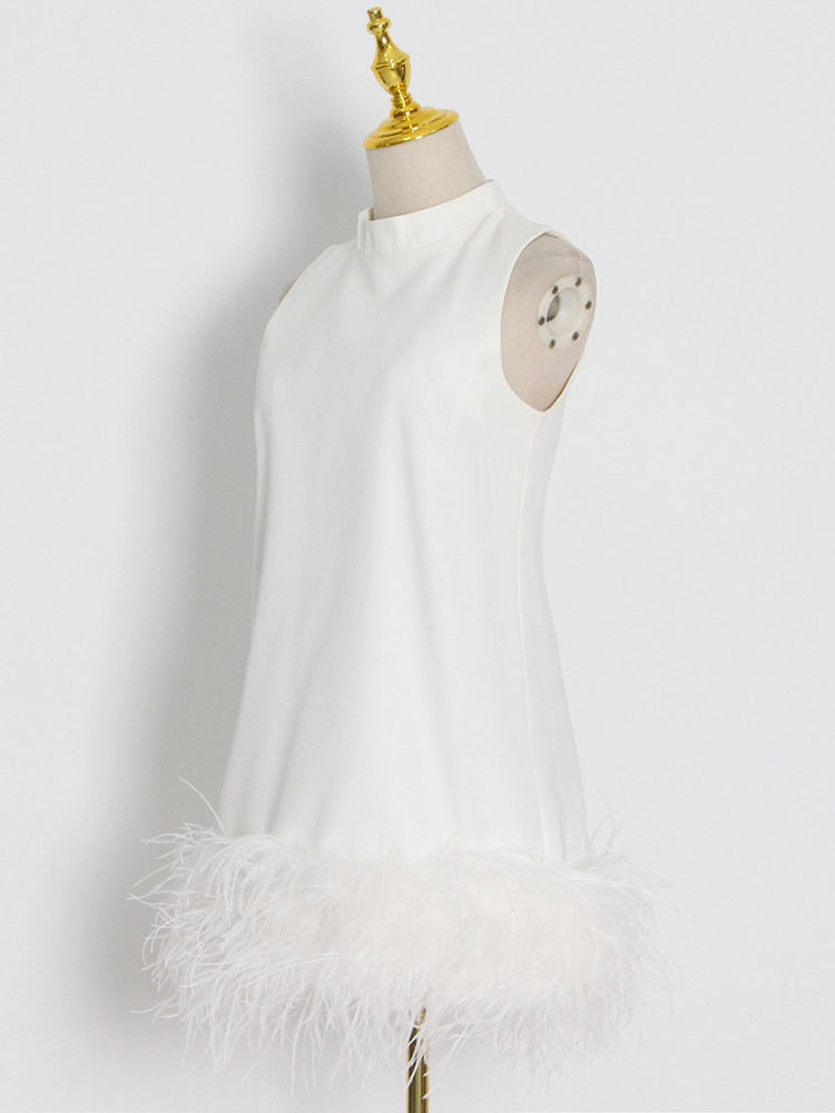 Feather Fur Dress For Women O Neck Sleeveless Loose Tassel A Line Dresses Female Streetwear Summer Fashion