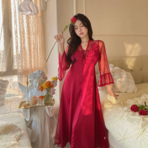 Load image into Gallery viewer, Spring Imitation Silk Sleepwear Set Open Back Long Skirt Women&#39;s Suspender Sleeping Dress Casual Comfortable Home Suit
