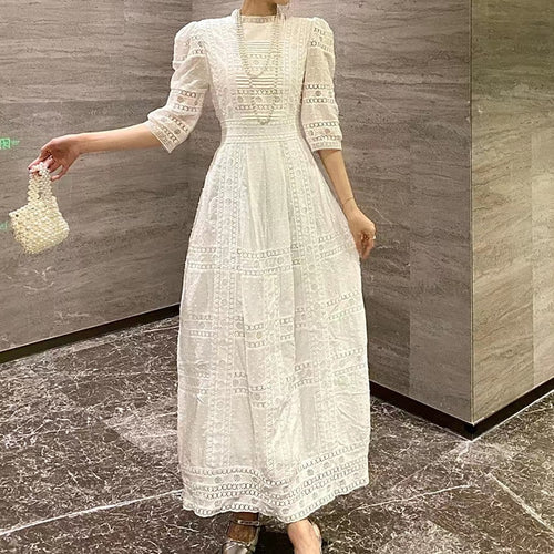 Load image into Gallery viewer, Solid Minimalist Lace Dresses For Women Stand Collar Puff Sleeve High Waist Cut Out A Line Dress Female Fashion
