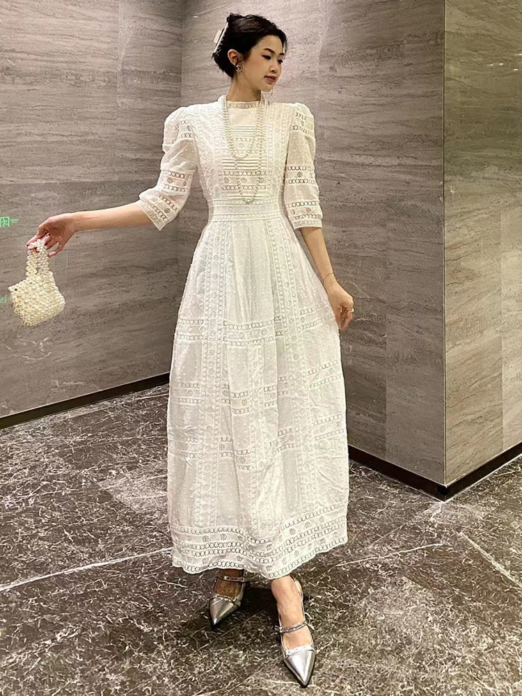 Solid Minimalist Lace Dresses For Women Stand Collar Puff Sleeve High Waist Cut Out A Line Dress Female Fashion