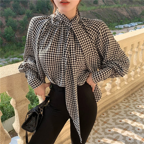Load image into Gallery viewer, Elegant Women Houndstooth Blouse Fall Long Sleeve Fashion Bow Chiffon Office Ladies Tops Designed Autumn Female Shirt
