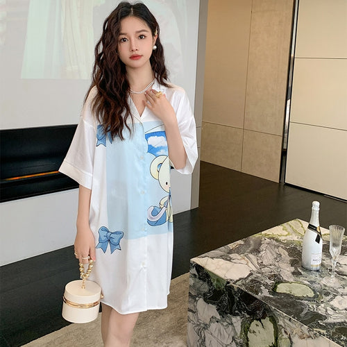 Load image into Gallery viewer, Women&#39;s Summer Lapel Leisure Pajamas Large Size Medium Long Skirt Nightgown Sweet Girls Cartoon Cardigan Home Clothes
