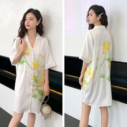 Load image into Gallery viewer, Women&#39;s Summer Lapel Leisure Pajamas Large Size Medium Long Skirt Nightgown Sweet Girls Cartoon Cardigan Home Clothes
