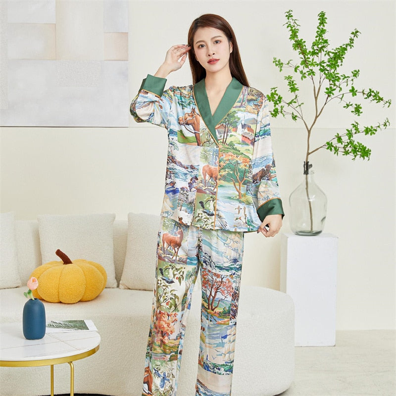 Spring Summer Women's Imitation Silk Luxury Pajamas Satin Long Sleeve Comfortable Cardigan Fashion Printed Home Clothes