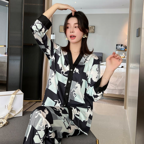 Load image into Gallery viewer, Women&#39;s Pajamas Set Luxury Style Painting Print Sleepwear Satin Silky Touch Homewear V Neck Nightie Casual Home Suit
