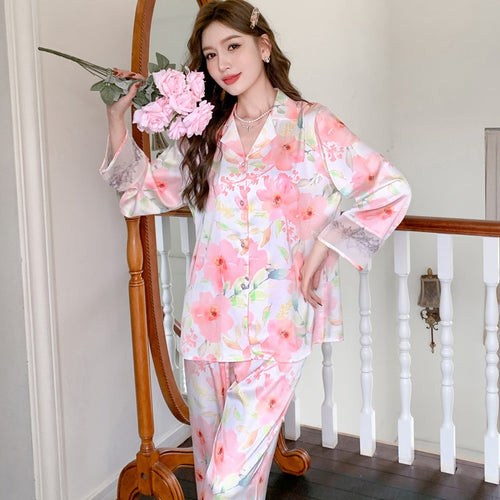 Load image into Gallery viewer, Luxury Women&#39;s Pajamas Thin Cool Simulation Silk Lapel Long Sleeve Home Clothing Set Satin Chiffon Leisure Homewear
