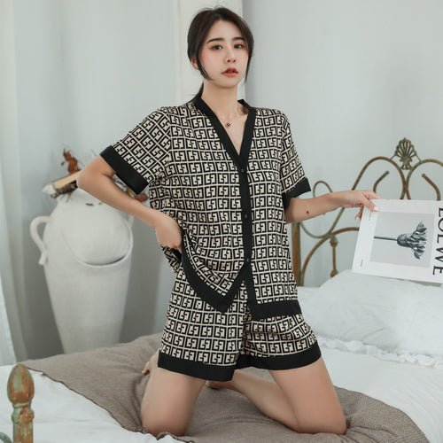 Load image into Gallery viewer, Summer Women&#39;s Pajamas Set Luxury Curves Print V Neck Sleepwear Short Casual Faux Silk Homewear 2pcs Nightie Femme
