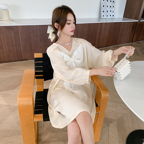 Load image into Gallery viewer, Women&#39;s Pajamas Dress Silk Like Leisure Homewear Skirt Turn-down Bow Collar Dress Sleepdress Wear Outside Holiday
