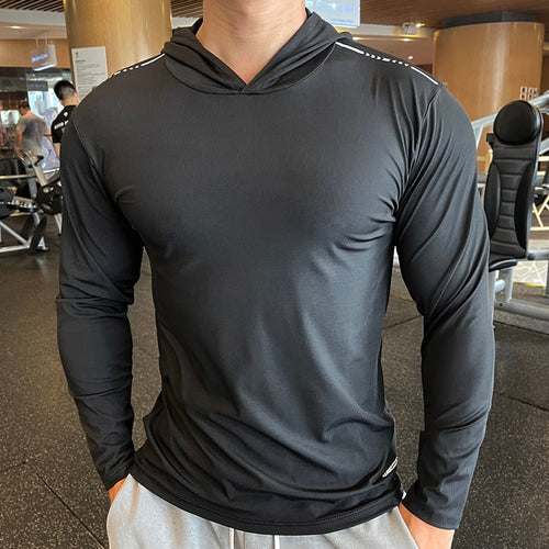 Load image into Gallery viewer, Gym Men T Shirt Casual Long Sleeve Slim Tops Tees Elastic T-shirt Sports Fitness Thin Comfort Breathable Quick Dry Hooded
