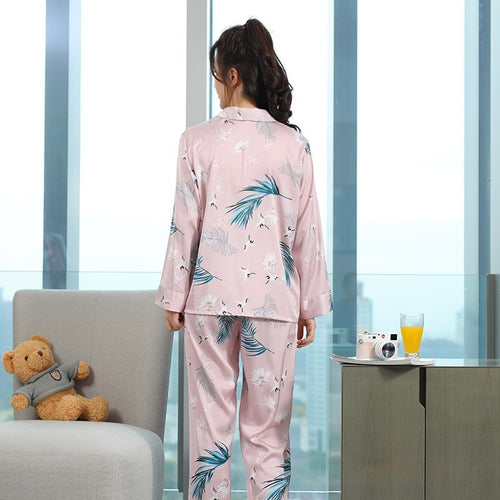 Load image into Gallery viewer, Spring Autumn Fashion Women&#39;s Imitation Silk Pajamas Long Sleeve Pants Two Piece Set Lapel Pink Print Thin Homewear
