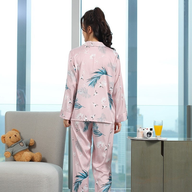 Spring Autumn Fashion Women's Imitation Silk Pajamas Long Sleeve Pants Two Piece Set Lapel Pink Print Thin Homewear