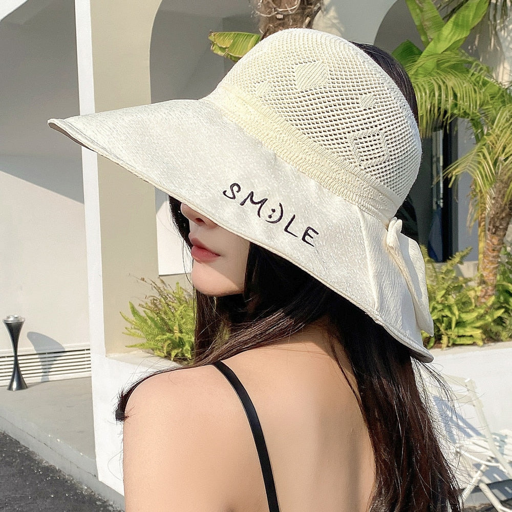 Summer Hats For Women Smile Letter Fashion Hollow Straw Hat Empty Top Bow Design Sun Hat Travel Beach Sun Cap