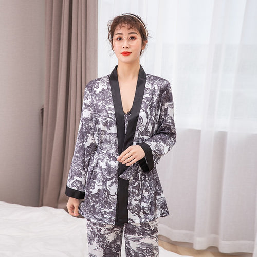 Load image into Gallery viewer, Imitation Silk Pajamas Women&#39;s Spring Autumn Long Sleeve Suspender Skirt Pants Three Piece Set Jungle Print Home Suit
