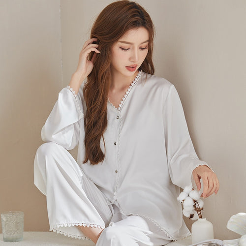 Load image into Gallery viewer, Silk-like Pajamas Women&#39;s Spring Summer Long-sleeved Cardigan Suit Solid Lace Cool Casual Two-piece Home Clothes Set
