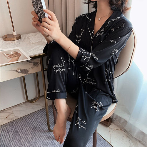 Load image into Gallery viewer, Simulation Silk Pajamas Women Summer Thin Long Sleeved Cardigan Two-piece Set Fashion Letter Printing Home Clothing
