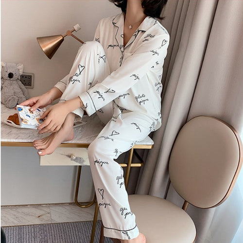 Load image into Gallery viewer, Simulation Silk Pajamas Women Summer Thin Long Sleeved Cardigan Two-piece Set Fashion Letter Printing Home Clothing
