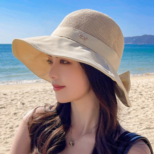 Load image into Gallery viewer, Women&#39;s Summer Sun Cap Fashion Hollow Bow Design Sun Hat Female Travel Beach Bucket Hat
