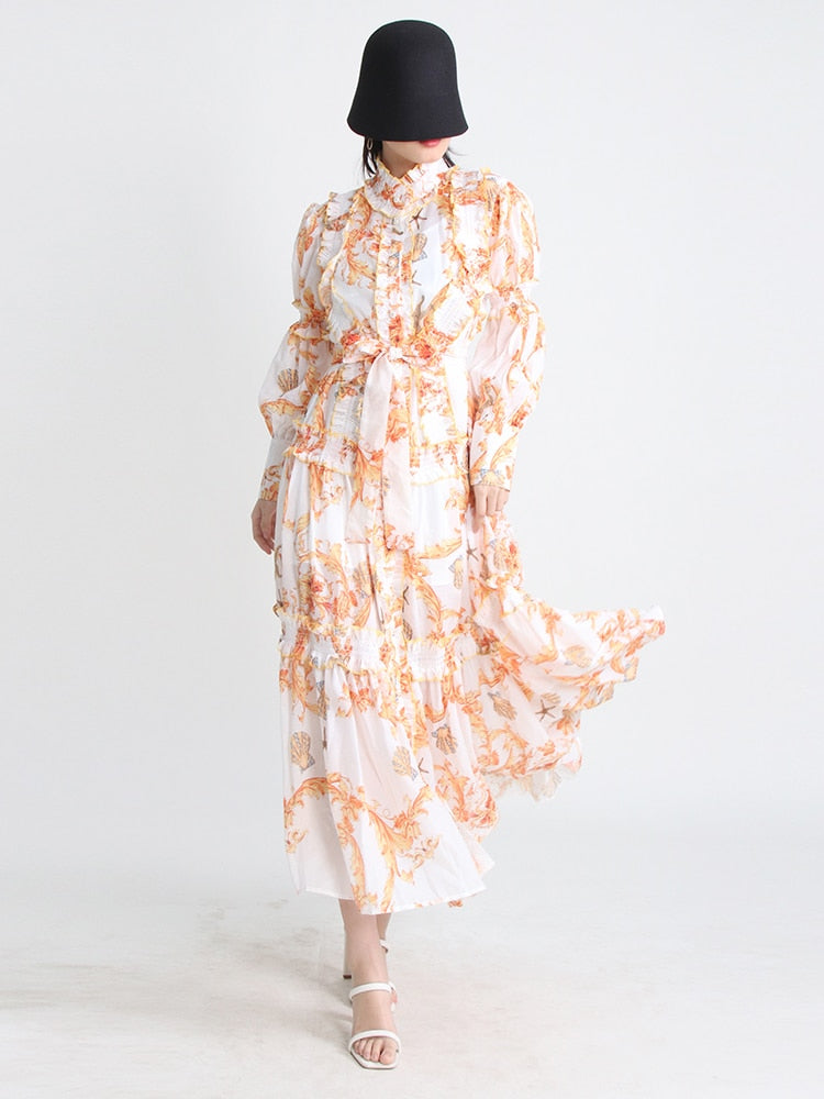 Hit Color Print Folds Dresses For Women Stand Collar Lantern Sleeve High Waist Elegant Dress Female Fashion Clothes